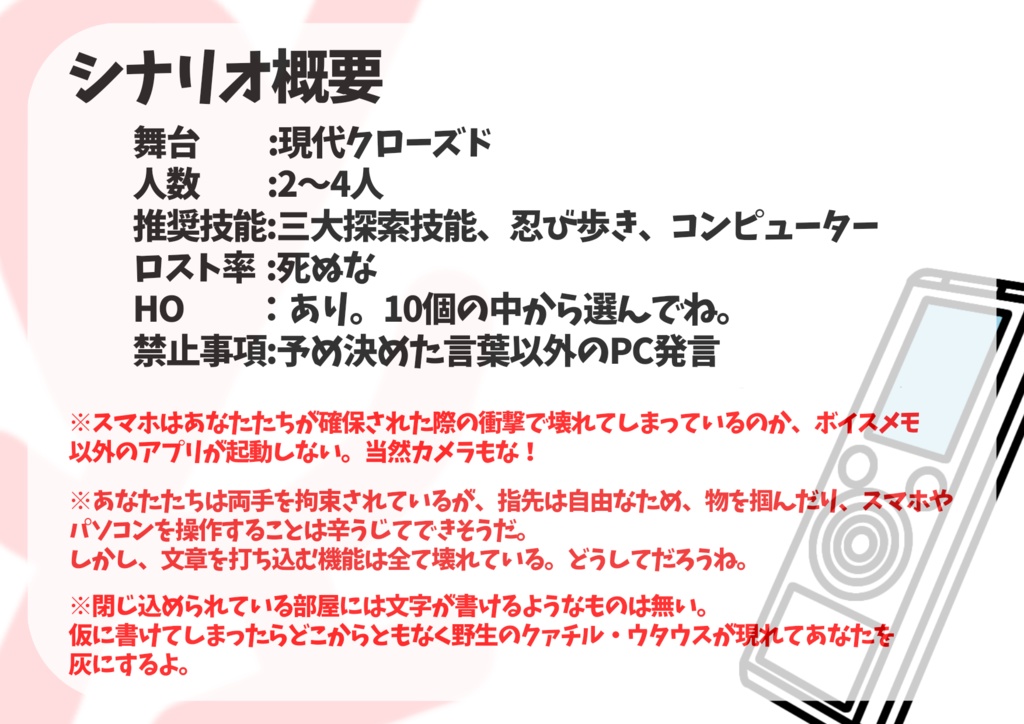 【CoC6版シナリオ】一流探索者なもんで、声の出せない部屋の中でも余裕で乗り切って見せますよ【SPLL:E193227】