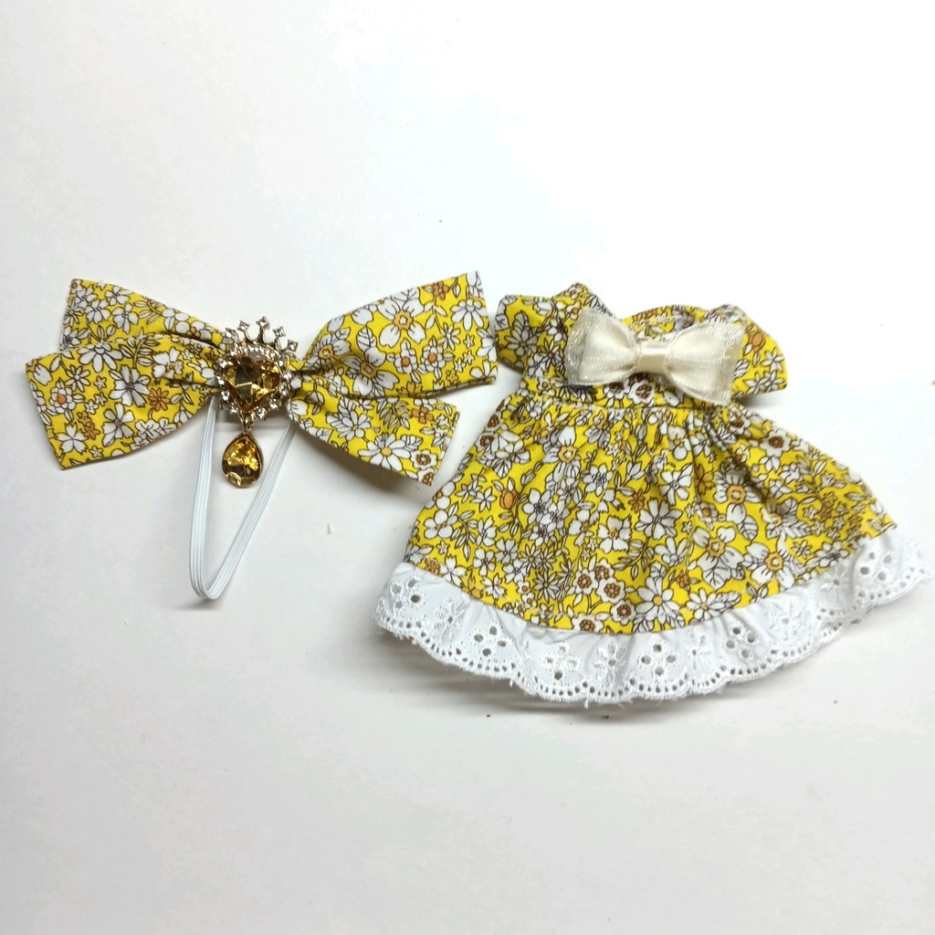 イエロー花柄シングルワンピース＆リボンセット