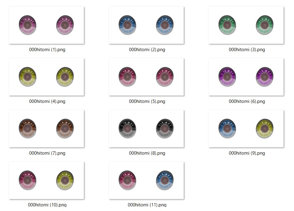 VRoid用 瞳テクスチャ素材 丸い まつ毛と ハートのハイライト付き 11色 オッドアイあり