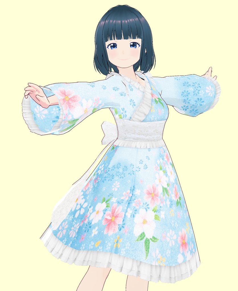 VRoid Studio フリルとレースが可愛い 水色の浴衣 和服 着物 素材データ 振り袖 カスタムアイテム テクスチャ 青 白 Japanese kimono wafuku yukata 夏 夏祭り お祭り 振り袖 初詣 お正月 ゴスロリ かわいい カワイイ ふりふり pretty cute blue aquablue lightblue white vroidstudio