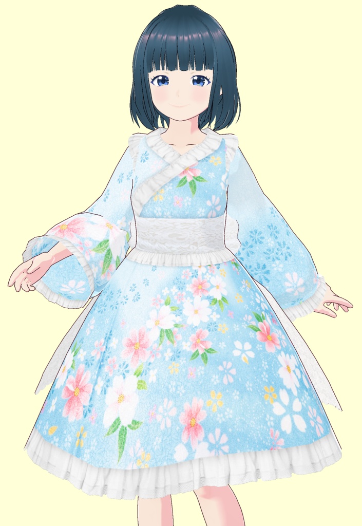 VRoid Studio フリルとレースが可愛い 水色の浴衣 和服 着物 素材データ 振り袖 カスタムアイテム テクスチャ 青 白 Japanese kimono wafuku yukata 夏 夏祭り お祭り 振り袖 初詣 お正月 ゴスロリ かわいい カワイイ ふりふり pretty cute blue aquablue lightblue white vroidstudio