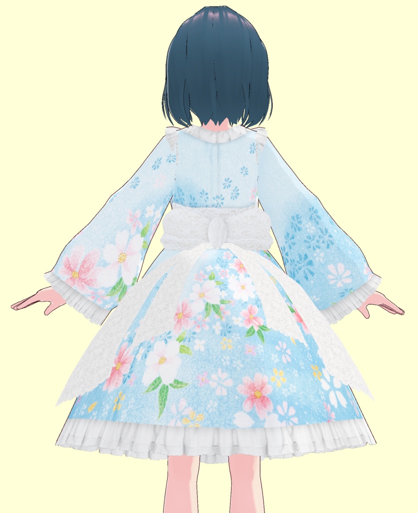 VRoid Studio フリルとレースが可愛い 水色の浴衣 和服 着物 素材データ 振り袖 カスタムアイテム テクスチャ 青 白 Japanese kimono wafuku yukata 夏 夏祭り お祭り 振り袖 初詣 お正月 ゴスロリ かわいい カワイイ ふりふり pretty cute blue aquablue lightblue white vroidstudio