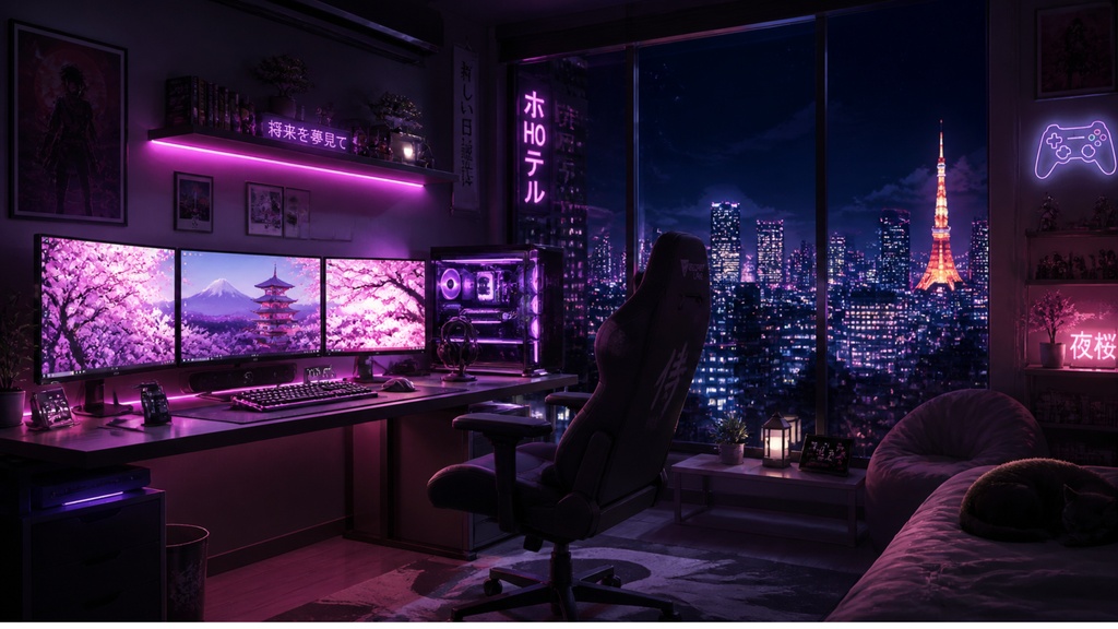 【AI背景素材】お洒落なゲーミングルーム配信・ゲーム用背景パック(昼・夕・夜3時間帯差分/4K高画質)