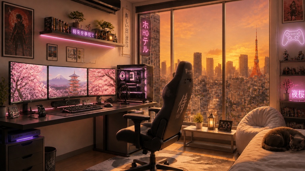 【AI背景素材】お洒落なゲーミングルーム配信・ゲーム用背景パック(昼・夕・夜3時間帯差分/4K高画質)