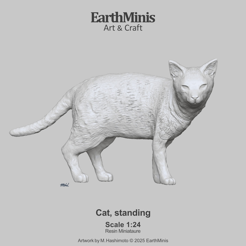 1/24スケール ネコ 立ち止まるポーズ 動物ミニチュア 模型素材 ホワイト/グレー