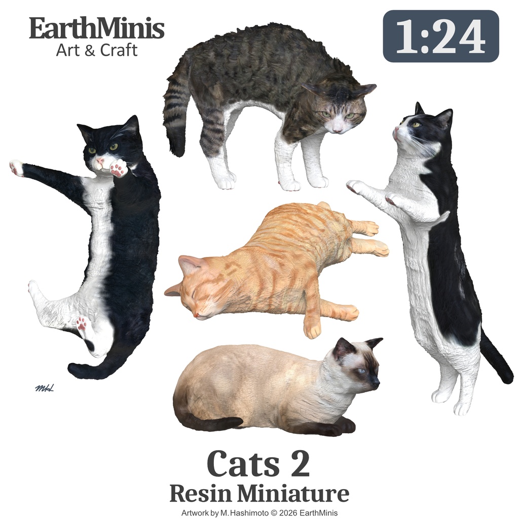 1/24スケール ネコセット2 ミニチュア模型（未塗装・未組立）計5個 