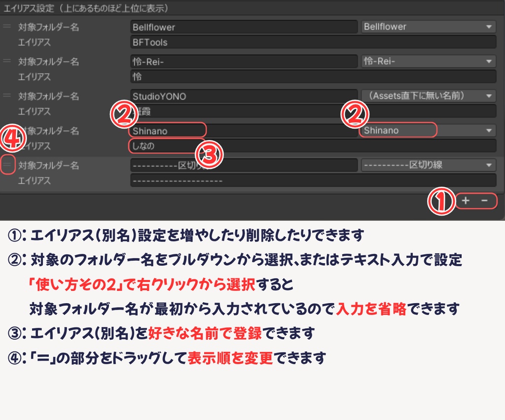 Assetsのフォルダに別名を付けたり上位固定できるやつ (BFFolderAlias) #BELLFLOWER2015