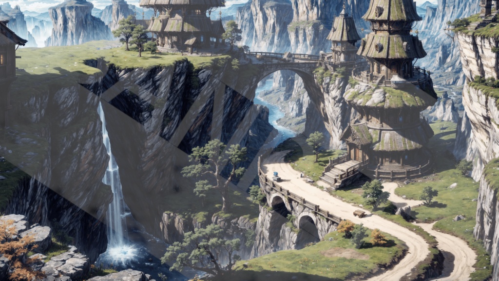 【背景素材】渓谷の街・ファンタジー3種［0078］