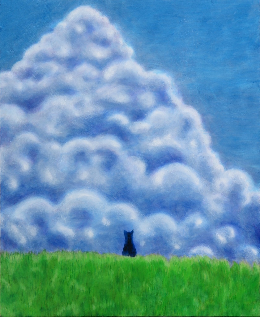 【油彩画】「旅するシリーズ -入道雲と猫-」