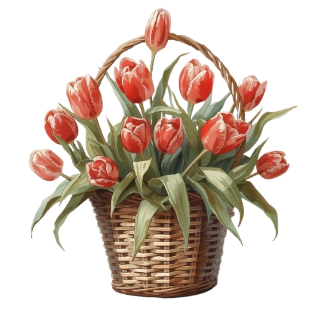 水彩画風パリのカゴバッグ(チューリップ入り) PNGクリップアート