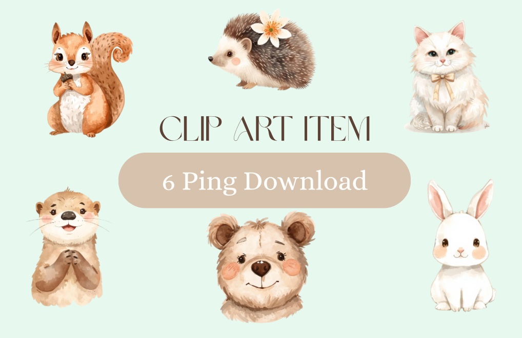 可愛い動物の水彩画風クリップアート PNG素材