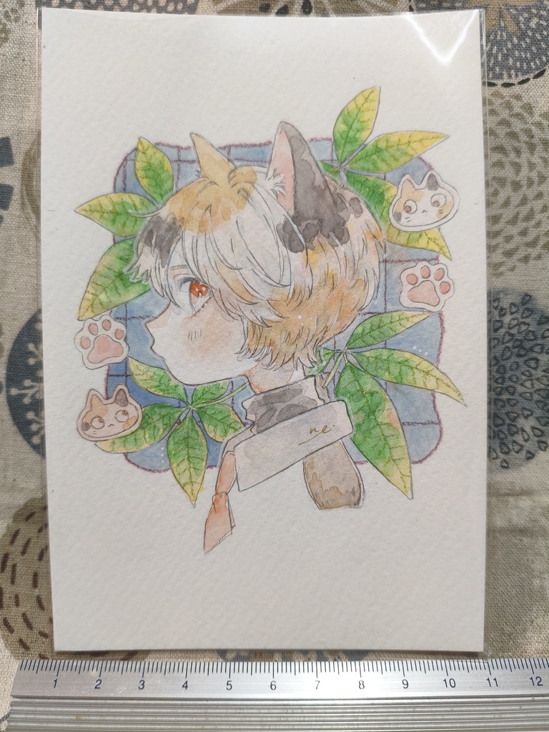 透明水彩原画　ミケネコ