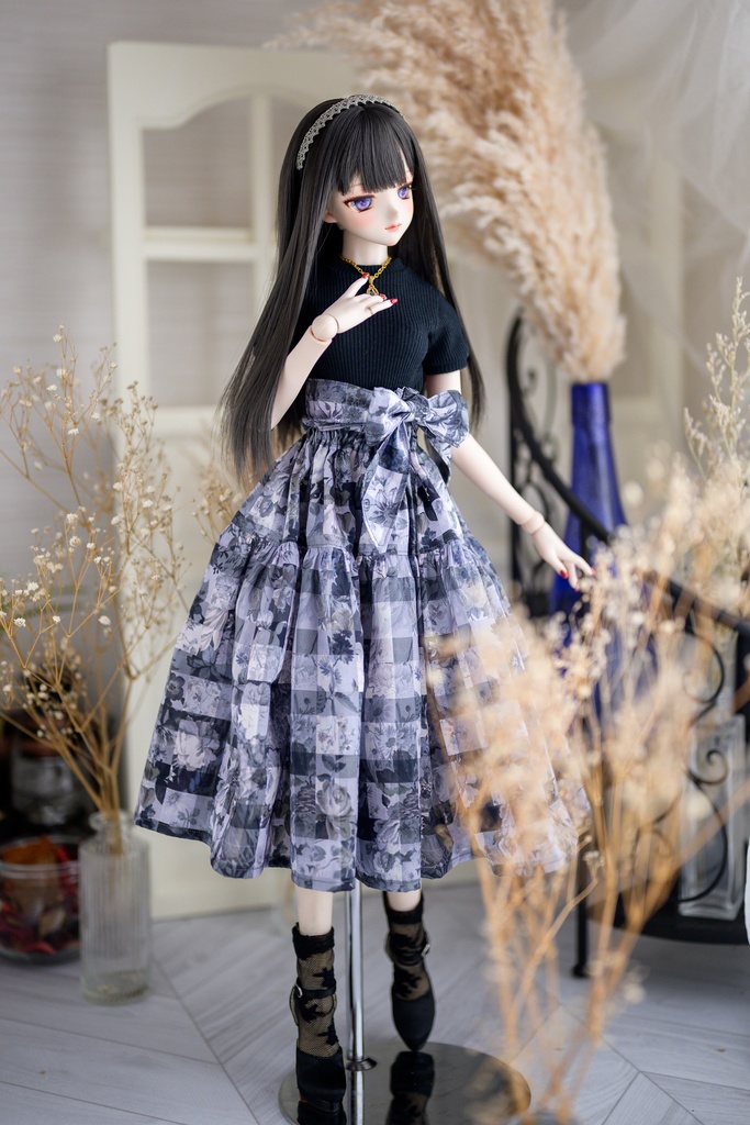 ニットシャツ+ギンガムチェックスカート