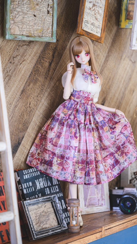 ニットシャツ+ギンガムチェックスカート