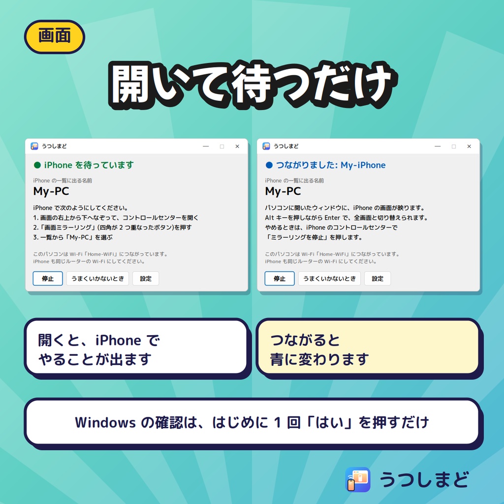 【発売記念300円】うつしまど ― iPhoneの画面をWindowsに映す日本語ソフト(OBS配信対応)