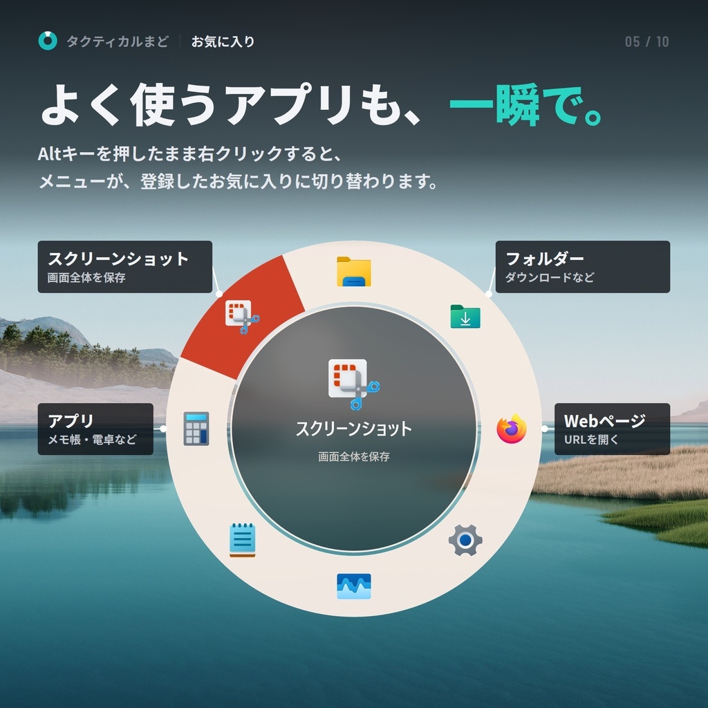 タクティカルまど|ゲームのような円形メニューで、ウィンドウをサクッと切り替え
