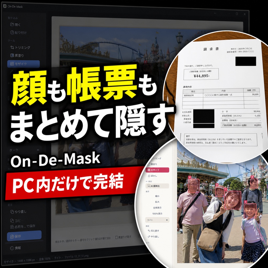 【画像・スクショ加工】画像を外へ送らず、顔や個人情報を隠す「On-De-Mask」Windows版