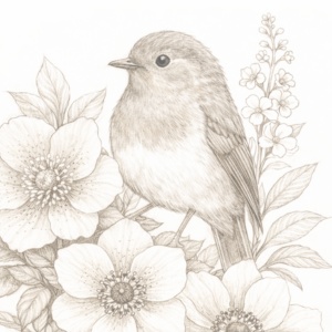 【塗り絵図案】ヨーロッパコマドリと花