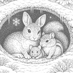 【無料塗り絵図案】動物たちの冬