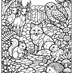 【塗り絵図案】ステンドグラス風「森の動物たち」