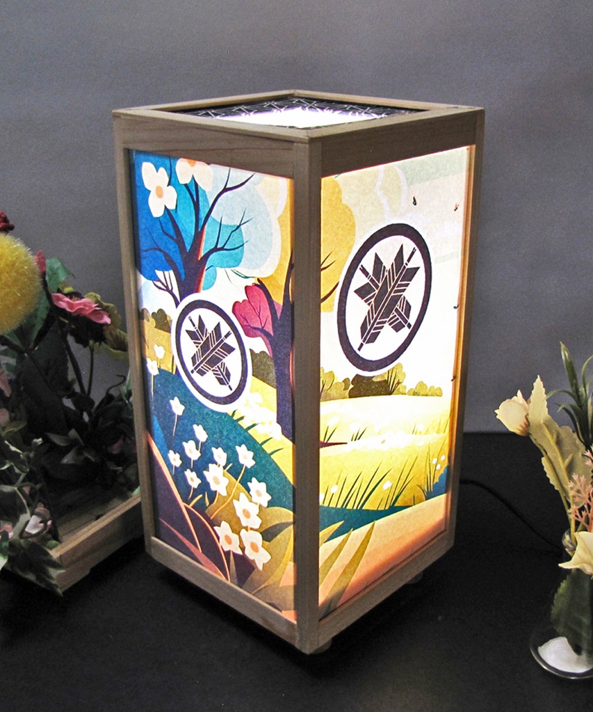 夢明り 家紋/丸に違い矢 LED・桧枠造り・厚上質紙張貼・軽量/02-39