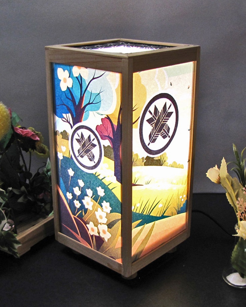 夢明り 家紋/丸に違い矢 LED・桧枠造り・厚上質紙張貼・軽量/02-39