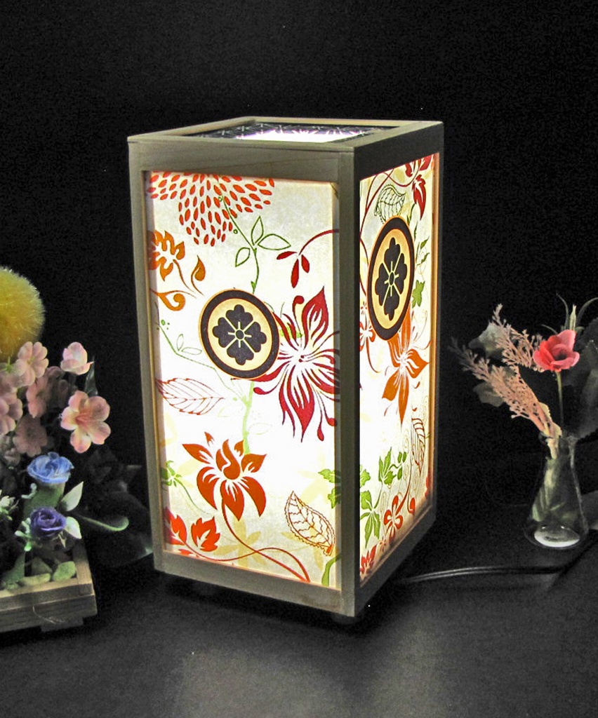 夢明かり 家紋の宿り木/丸に花角 LED・桧枠造・厚上質紙張貼・軽量/02-15