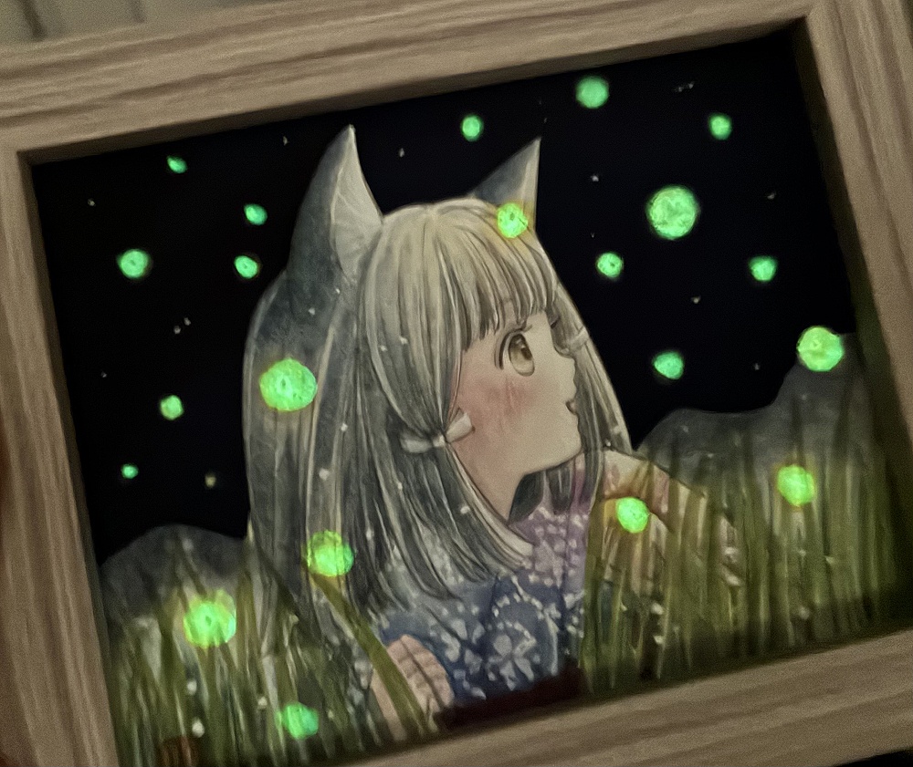 新作額装:ホタルと猫