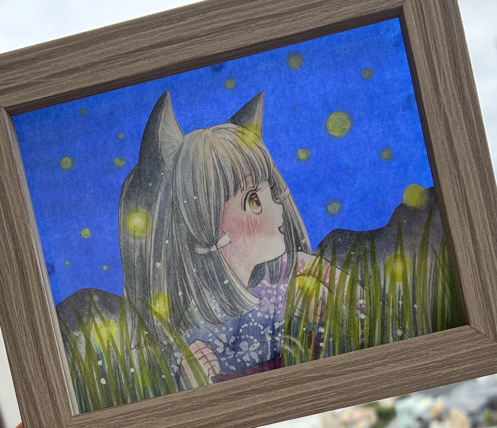 新作額装:ホタルと猫
