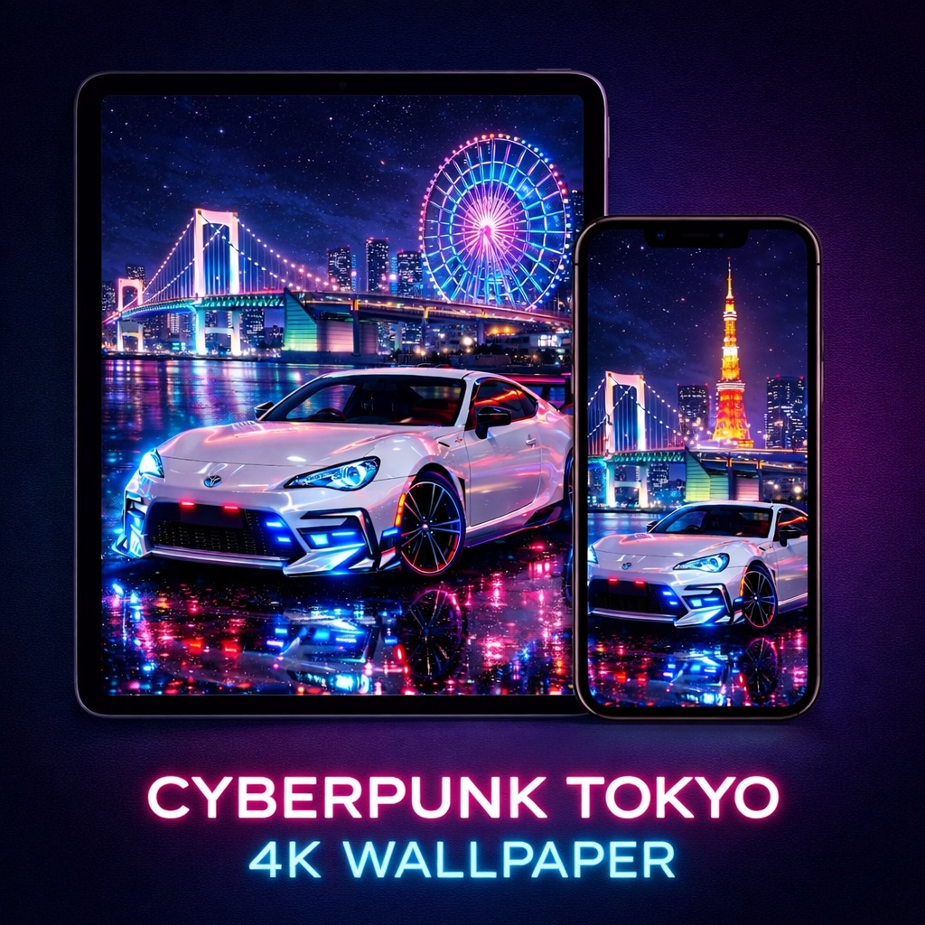 Cyberpunk Tokyo GR86 ネオン夜景 壁紙セット(2枚)
