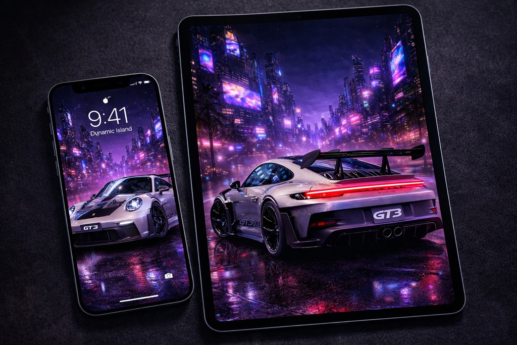 ネオン　ポルシェGT3 RS サイバーパンク壁紙【/ iPhone・iPad対応】