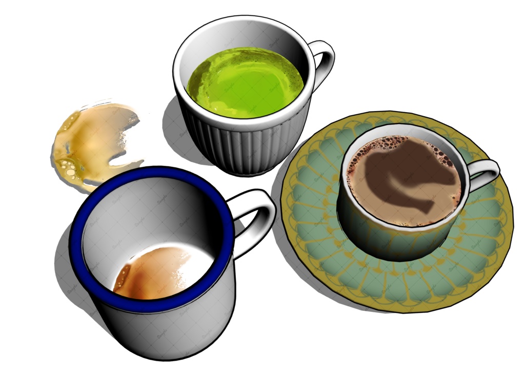 絵のような3Dコーヒー、ラテ、ココア、抹茶―ブラシ・画像