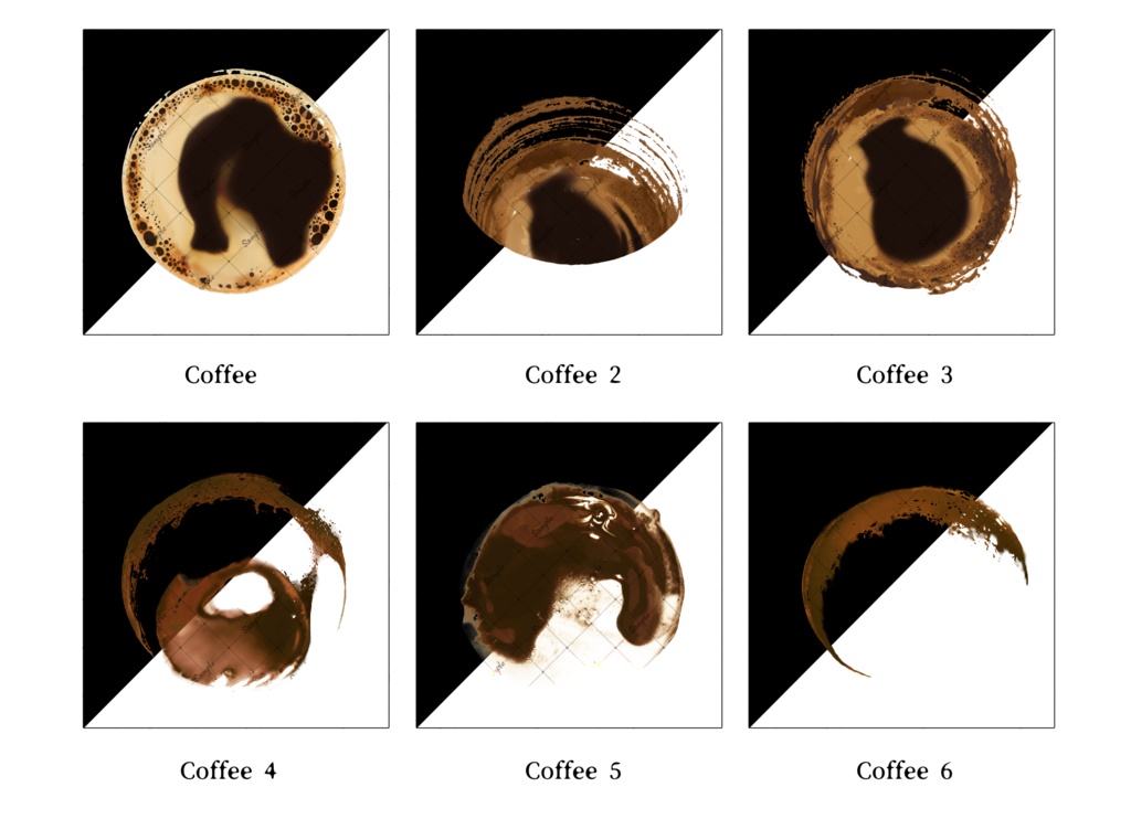 絵のような3Dコーヒー、ラテ、ココア、抹茶―ブラシ・画像