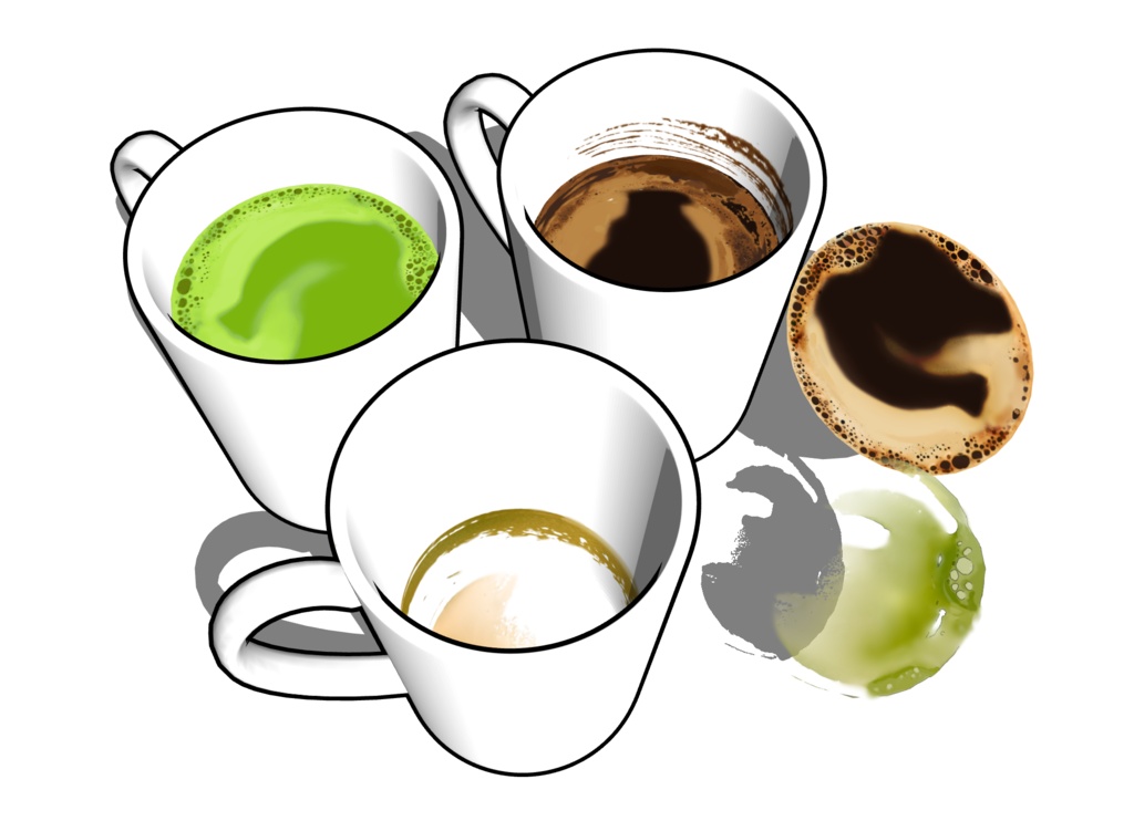 絵のような3Dコーヒー、ラテ、ココア、抹茶―ブラシ・画像