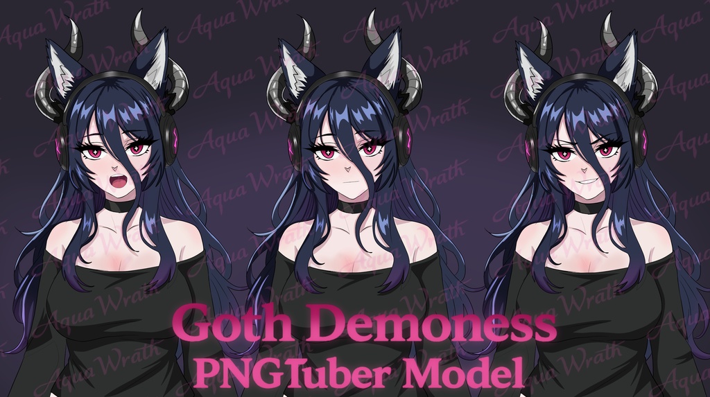 Anime Goth Demoness - Anime Stylized PNGTuber Model (3 Reactive Sprites) 【PNGTuber】ゴスデビル・モデル - 表情3種セット