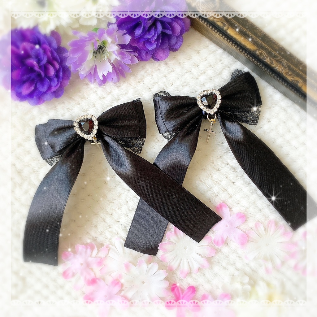 ヘアメイク ヘアメ リボン ヘアクリップ 黒 ブラック 量産型