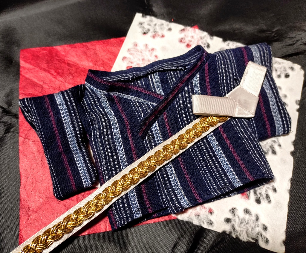 20cm ぬい服 浴衣 軽装 和服 阿波しじら織 藍赤縞 ぬいぐるみ服