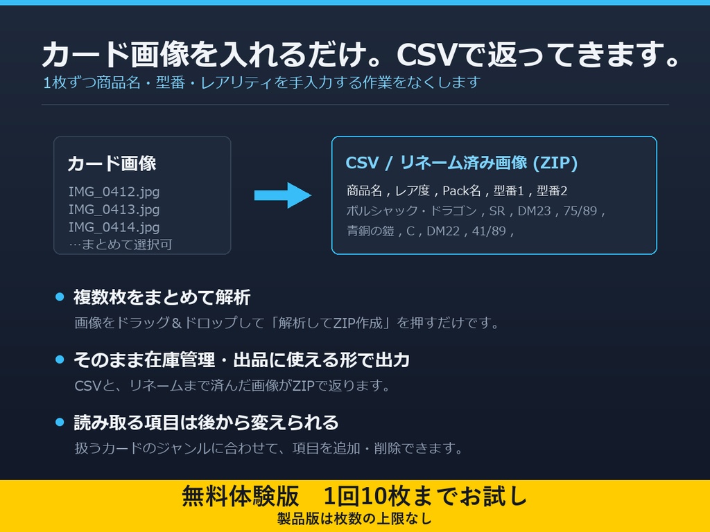 【無料体験版】商品画像OCR × 在庫管理ツール｜カード画像10枚までお試し(製品版は枚数無制限)