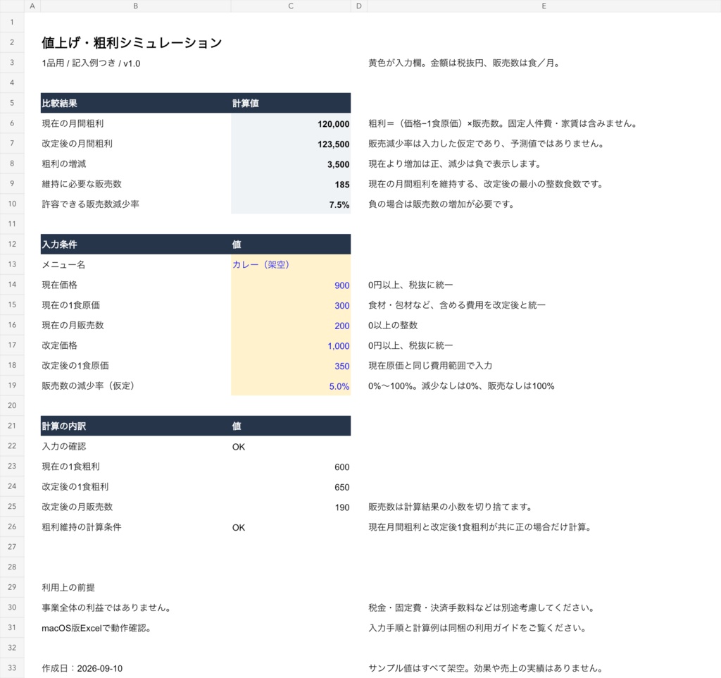 飲食店の値上げ・粗利シミュレーション表|1品用Excel・利用ガイド付き