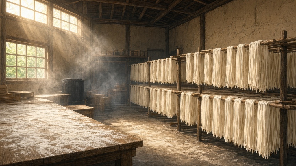 背景素材4枚（朝の製麺所・雨の刃物店・夜の漁船小屋・昼の蓮池）