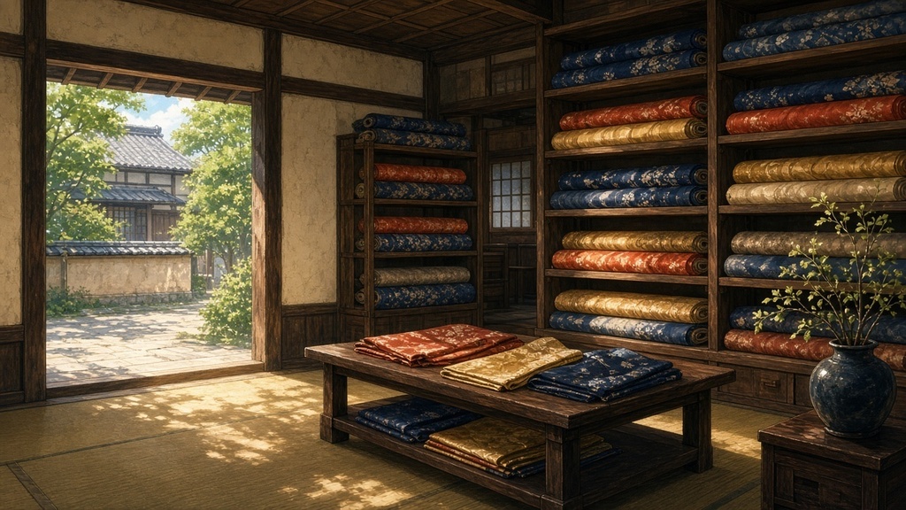 背景素材4枚（昼の呉服屋・雨の石灯籠の庭・夜の酒蔵・朝の縁側）