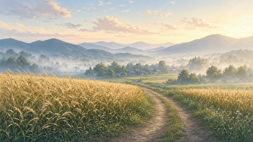 背景素材4枚（朝の麦畑・夜の紙漉き工房・雨の琴部屋・夕暮れのすすき野）