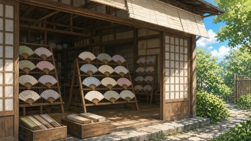背景素材4枚（昼の扇子屋・雨の城門・夜の劇場・朝の霧の峠）