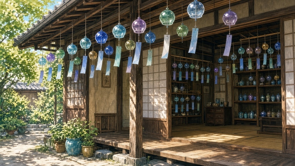 背景素材4枚（昼の風鈴屋・雨の露天風呂・夜の書庫・朝の砂丘）