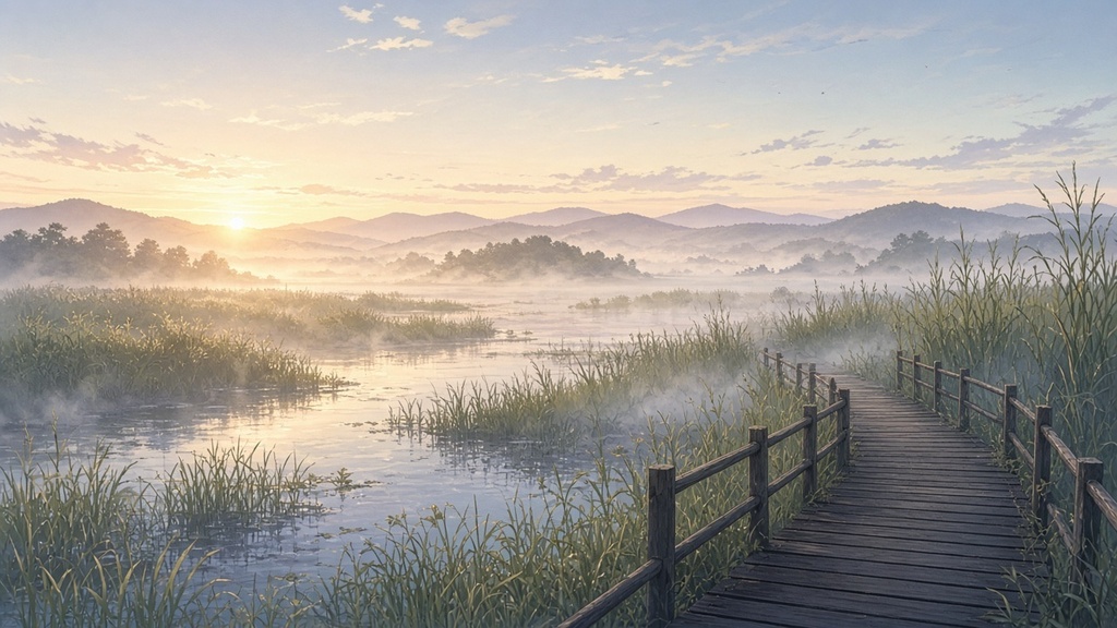 背景素材4枚（朝の湿原・昼の金継ぎ工房・夕暮れの煉瓦倉庫・雨の樹海）
