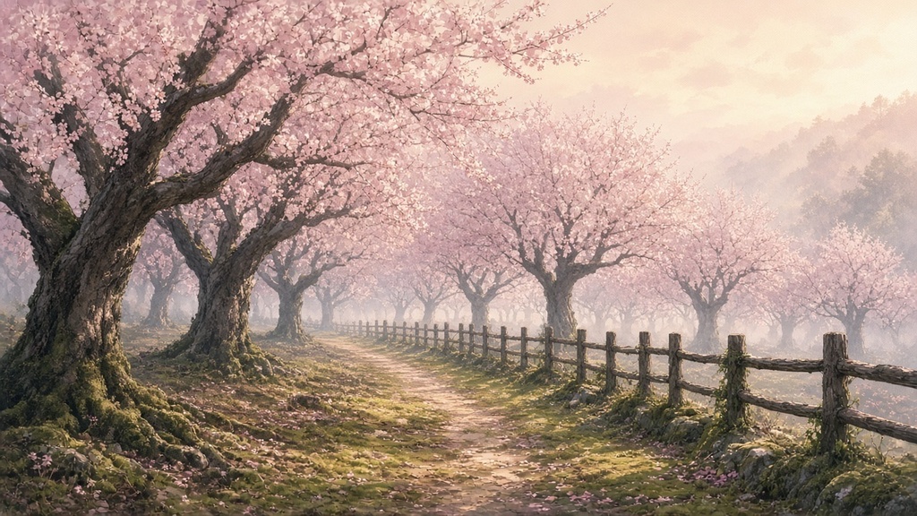 背景素材4枚（朝の梅林・昼の瓦工場・夜の書斎・夕暮れの菜の花畑）