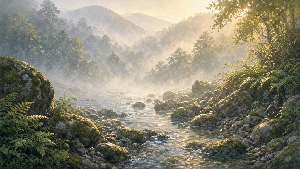 背景素材4枚（朝の渓流・昼の足袋屋・夜の井戸端・夕暮れの赤松林）