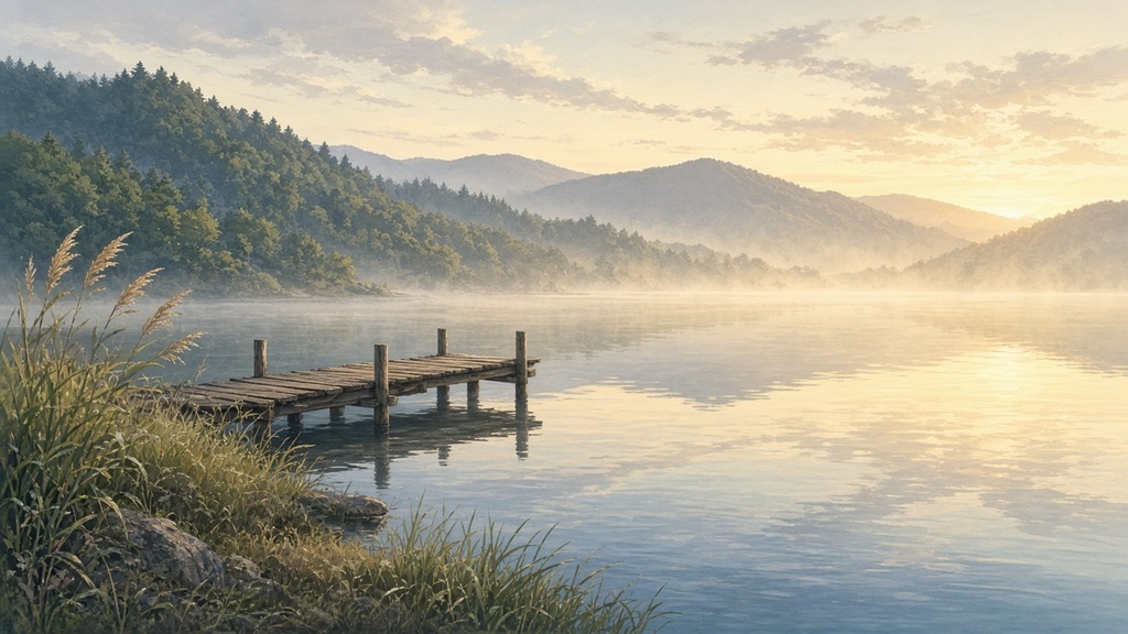 背景素材4枚（朝の湖畔・昼の櫛屋・夜の灯籠流し・夕暮れの向日葵畑）