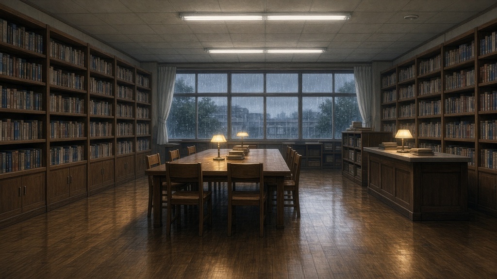 学園背景｜雨の夕方の図書室