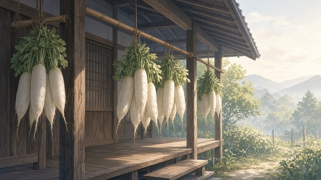 背景素材4枚（朝の干し大根・昼の障子屋・夜の焚き火・雨の板塀）